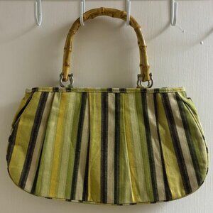 GREEN STRIPED PURSE WITH WOODEN HANDLES
